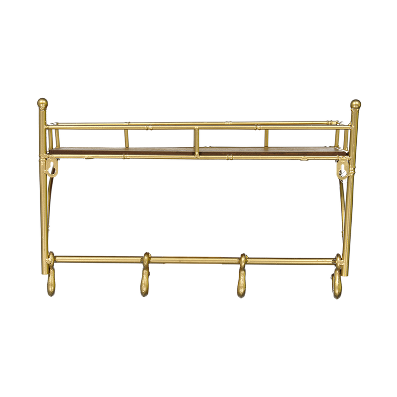 Keane Golden Metal Wall Shelf With 4 Hooks (7168-GM3844-00)